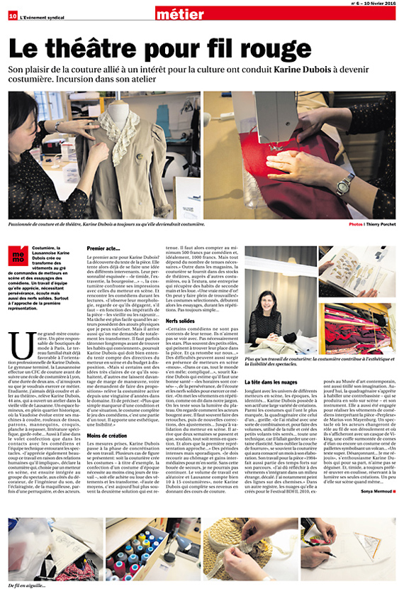 Presse: L'Ev�nement Syndical,article sur Karine Dubois, Le t��tre pour fil rouge